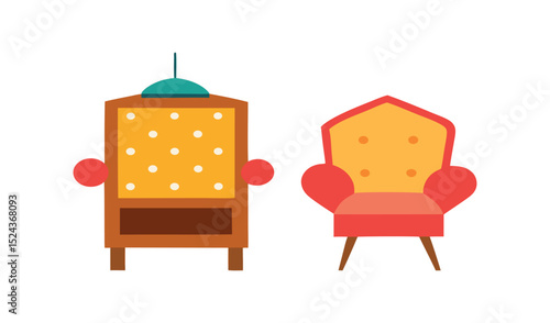 Vintage furniture set featuring vector illustrations of a wooden chair and armchair for a comfortable interior design