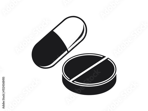 illustration of a pill and a capsule, black and white illustration of a capsule and a pill, minimalist graphic showcasing a pill and a capsule, pill, capsule, medicine, healthcare, pharmacy, drug, med