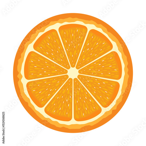 Fresh Orange Slice Vector Illustration. The orange is divided into symmetrical segments radiating from the center, featuring bright orange tones and white seed like details.
