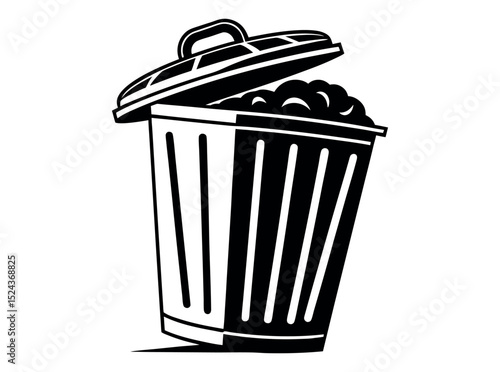 Vector illustration of a filled trash can with open lid, Open trash can silhouette against a plain background, Trash Can with Waste Bag, trash can, garbage can, waste bin, disposal, sanitation, icon.