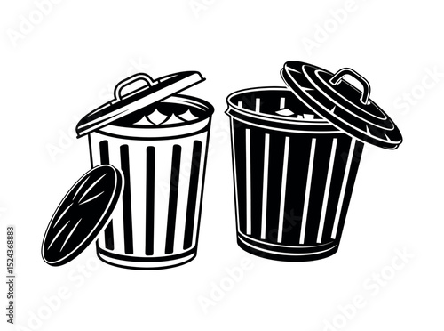 Trash Cans Silhouette Vector Graphic, Black and White Trash Cans Icons Set, silhouettes of trash cans, garbage, garbage can, waste, waste management, recycling, disposal, icon, icons, set, trash can.