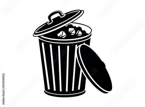 Vector illustration of a filled trash can with open lid, Open trash can silhouette against a plain background, Trash Can with Waste Bag, trash can, garbage can, waste bin, disposal, sanitation, icon.