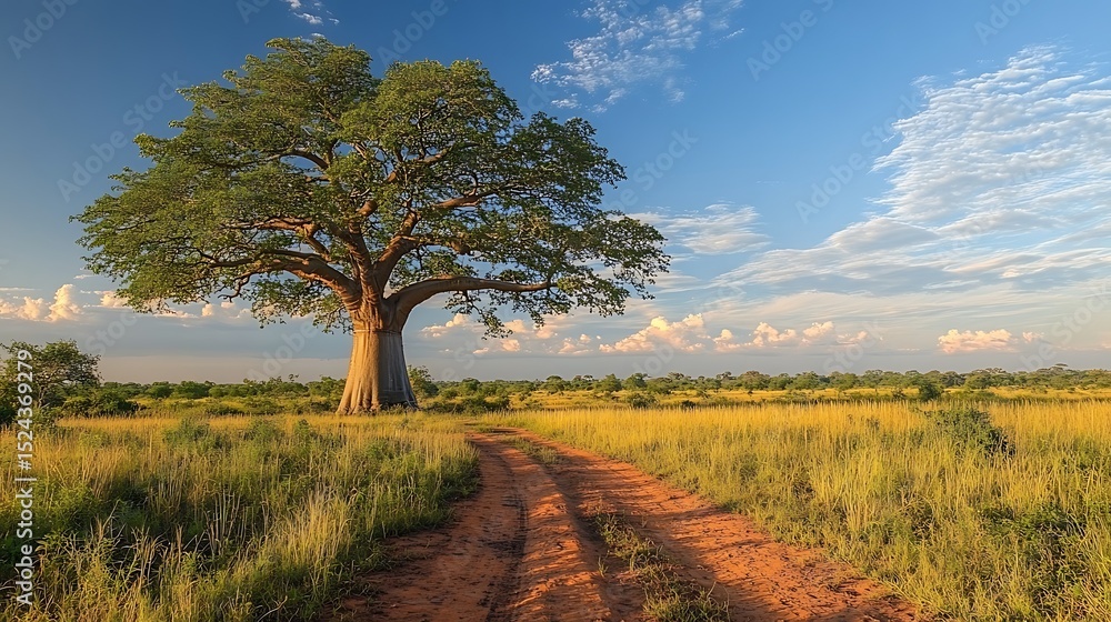 Fototapeta premium Baobab tree in golden savanna landscape