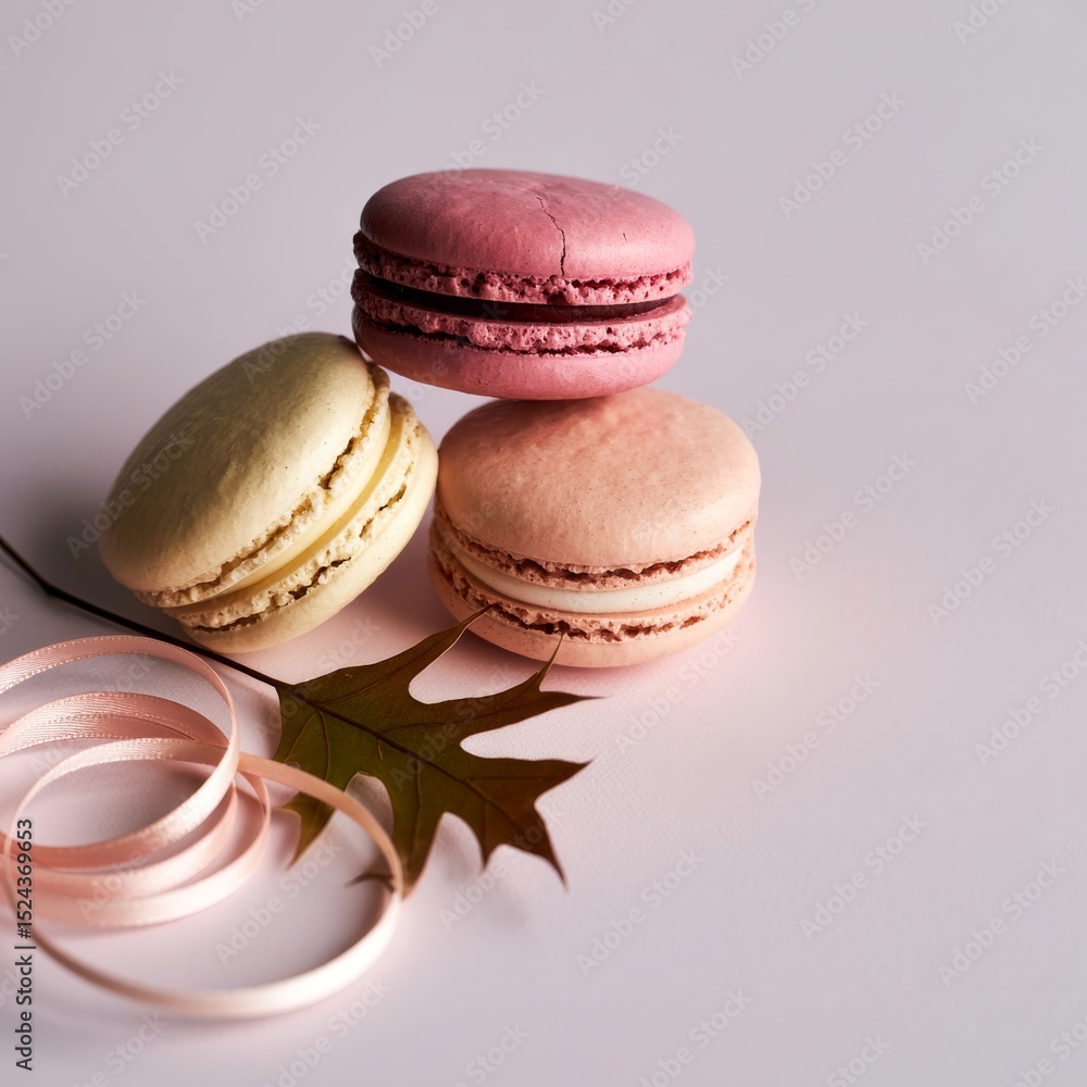 Delicate pastel macarons autumn leaf pink background Delicate pastel macarons autumn leaf pink background