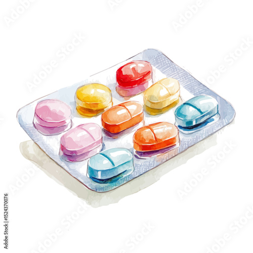 Travel Sickness Tablets, watercolor painting vector, high quality, isolated on a white background.