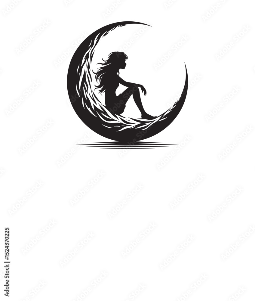 Obraz premium A girl sitting on a clean moon silhouette icon, isolated on a white background