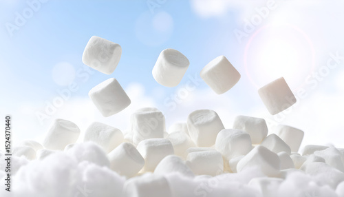 Marshmallows arranged like fluffy clouds floating in air. White-to-sky gradient background with defocused light flares and soft illumination.