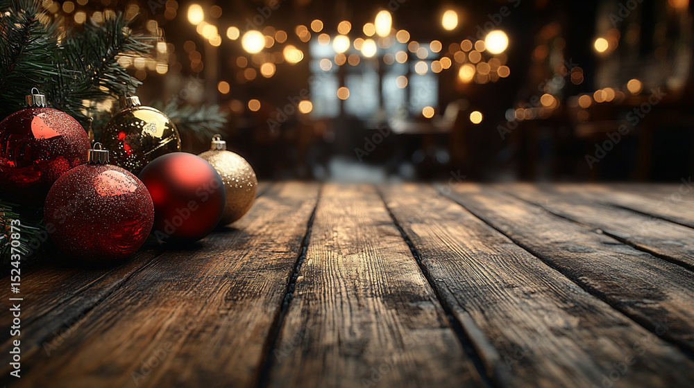 Christmas ornaments on rustic table in blurred restaurant setting Christmas ornaments on rustic table in blurred restaurant setting