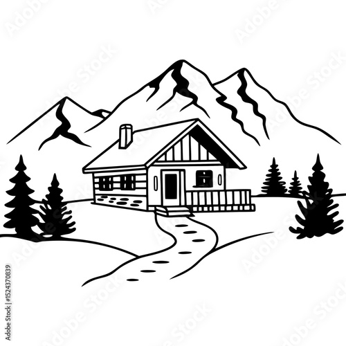 Mountain Cabin Black and White Vector Illustration Landscape