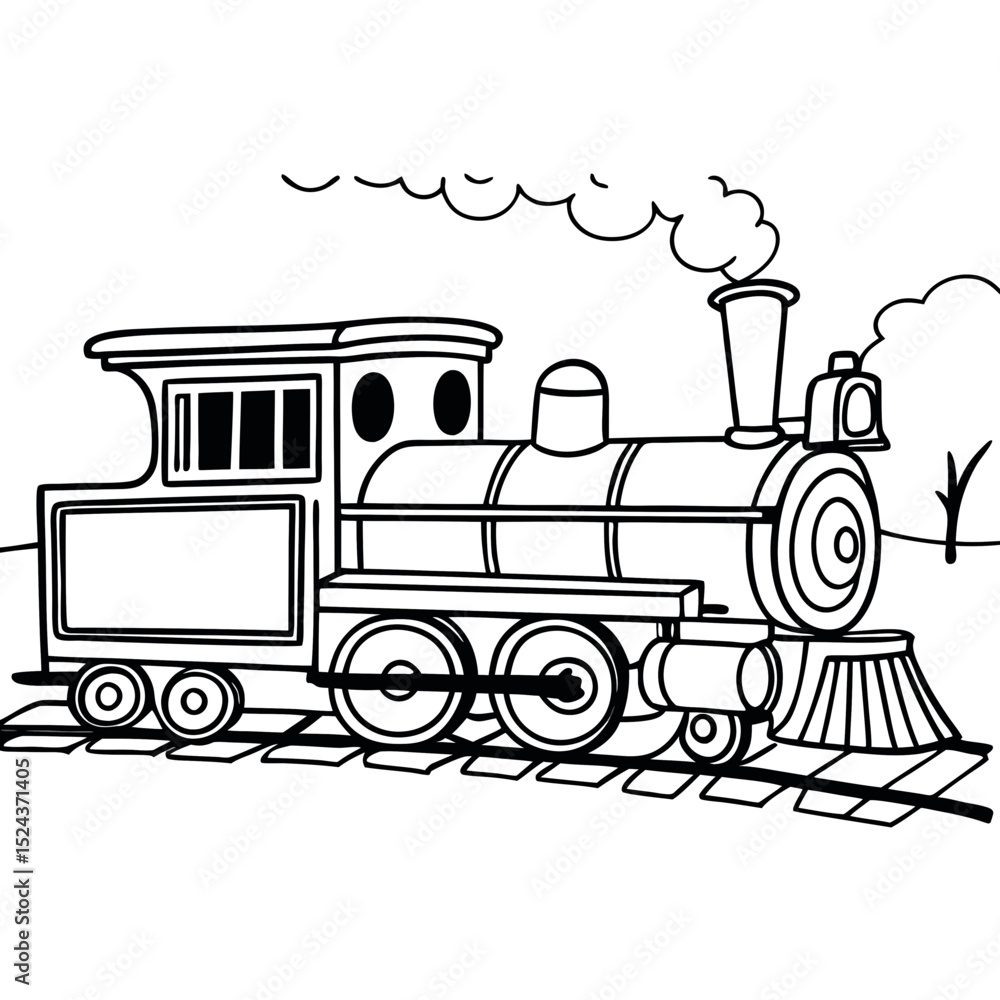 Fototapeta premium Cartoon Train Illustration Vector Graphic Black and White Outline