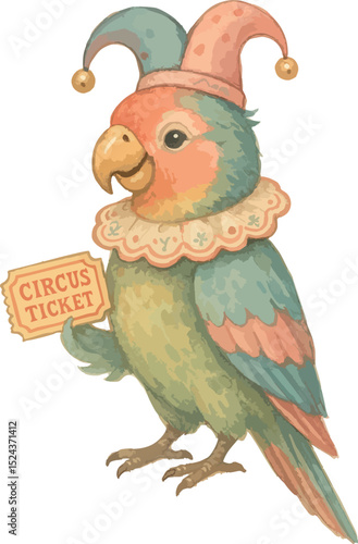 A charming multi-colored parrot dressed as a jester holds a circus ticket in its paw, looking like the main character of a fairy-tale show.