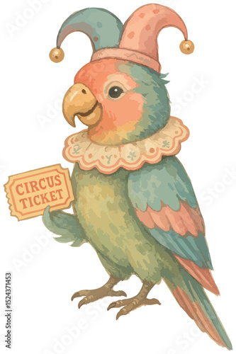 A  sticker charming multi-colored parrot dressed as a jester holds a circus ticket in its paw, looking like the main character of a fairy-tale show.