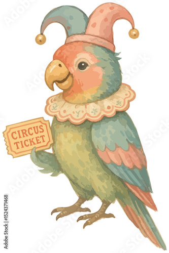 A sticker  charming multi-colored parrot dressed as a jester holds a circus ticket in its paw, looking like the main character of a fairy-tale show.