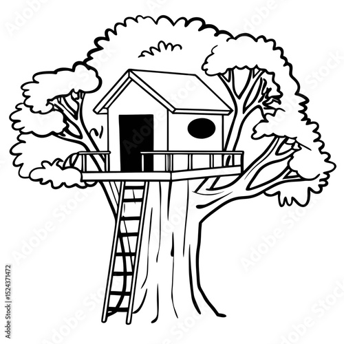 Treehouse Vector Illustration Black and White Line Art Tree House Design