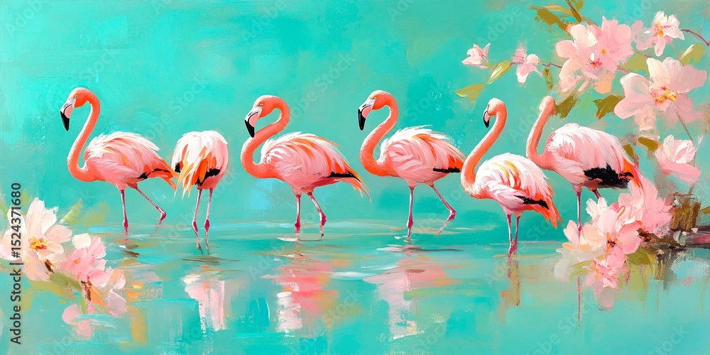 Obraz premium Group of pink flamingos standing in water, in oil painting style, with turquoise background, flowers and visible brush strokes. Picturesque painting for modern interior