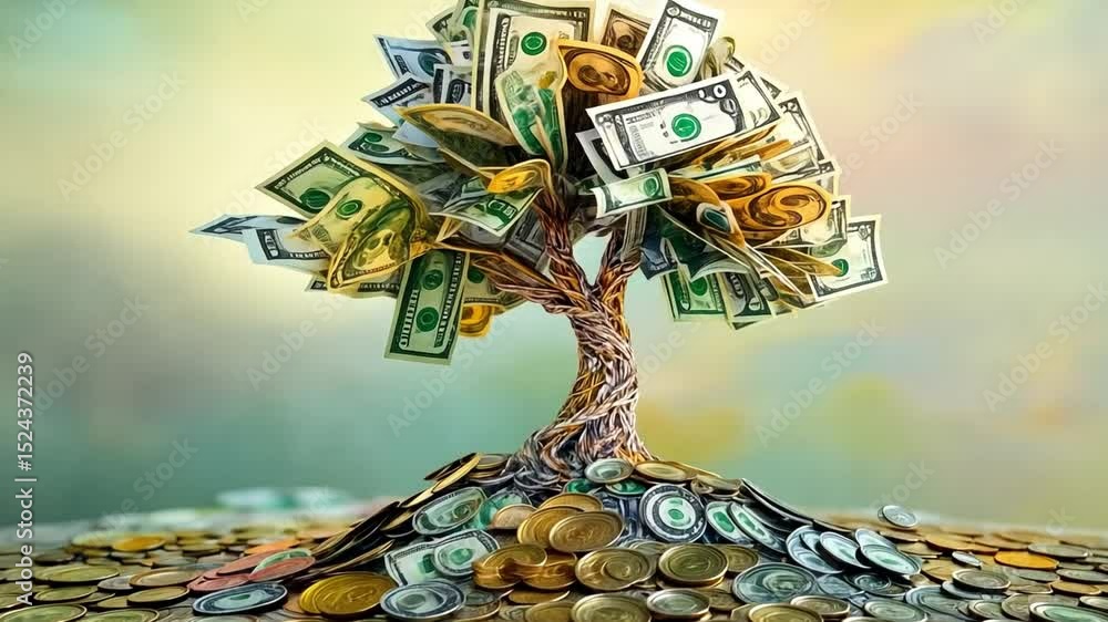 This stunning footage features a money tree crafted from bills and coins. It serves as a visual metaphor for growth and abundance. Perfect for financial projects. Generative AI