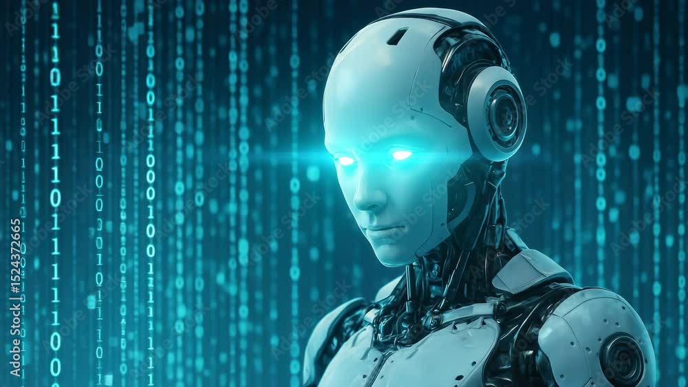 Futuristic robot in a digital matrix, side profile view. High-tech, sci-fi style, suitable for a video on AI and technology advancements. Live desktop wallpaper.