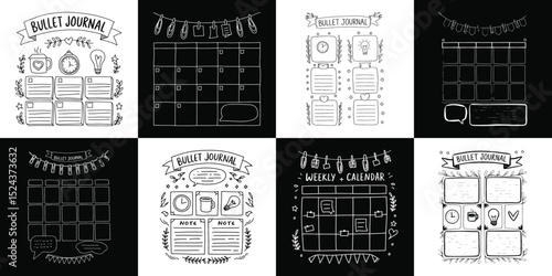 Black and White Hand Drawn Bullet Journal Layouts Calendar Weekly Daily Planner Vector Set