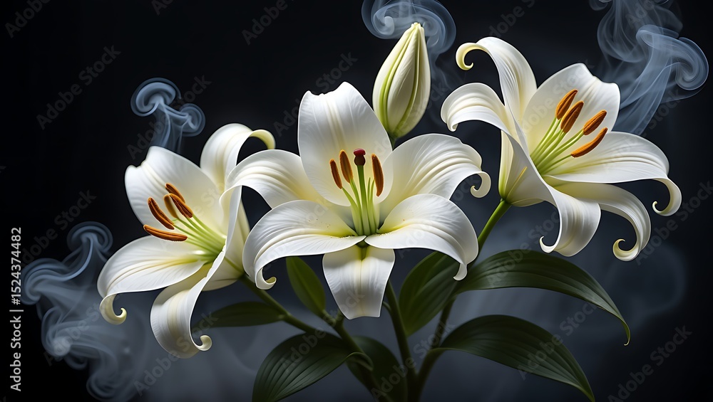 Elegant White Lilies in Mystical Smoke A Stunning Floral Illustration