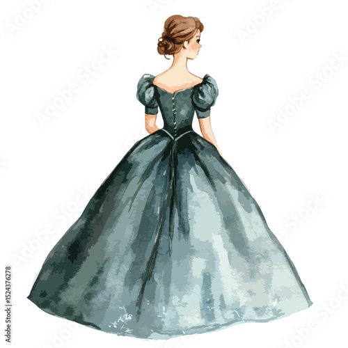 Watercolor Painting of a Woman in a Blue Gown with Puffed Sleeves