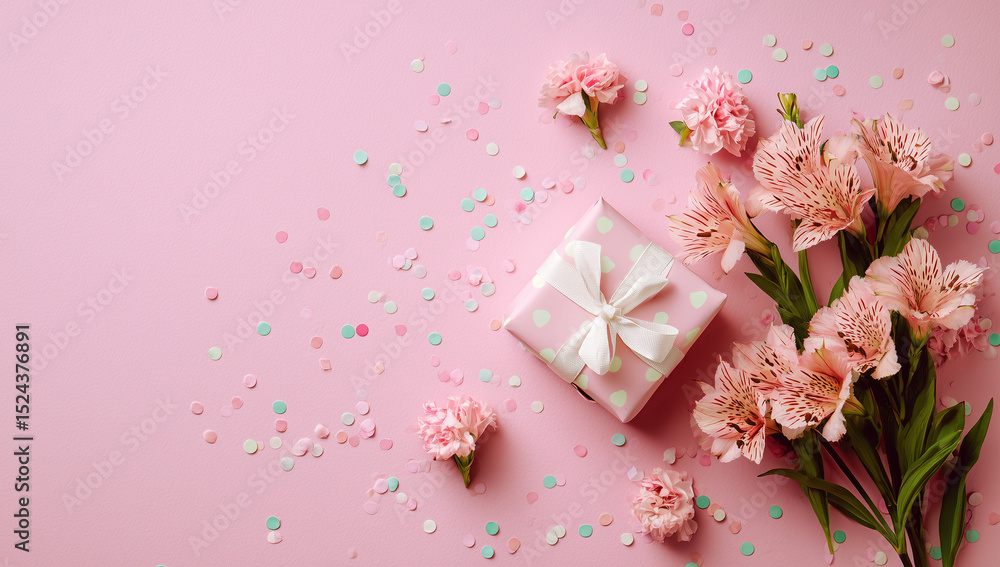 Pink and Gold Gift Box with Carnations and Confetti on Pastel Background. Celebration. Pink and Gold Gift Box with Carnations and Confetti on Pastel Background. Celebration.