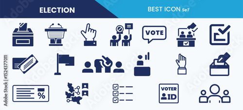 Best election icon set collection. Vote, ballot box, polling station, election ticket, candidate, voter ID, protest and vector illustration
