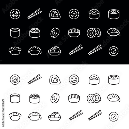 Set of sushi, seafood, chopsticks, rice, nori, caviar, sushi roll stroke vector line icons.