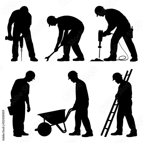 Silhouette illustration showing construction workers in various poses and activities on site