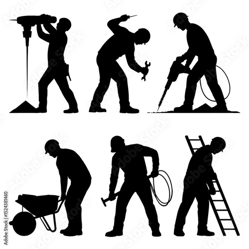 Silhouette illustration showing construction workers in various poses using tools and equipment