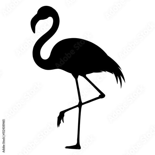 Silhouette of a flamingo standing on one leg with its head curved in a graceful s shape pose