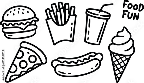 Fast Food Icon Set, Burger, Fries, Soda, Pizza, Hot Dog, & Ice Cream Line Art Vector Illustration.