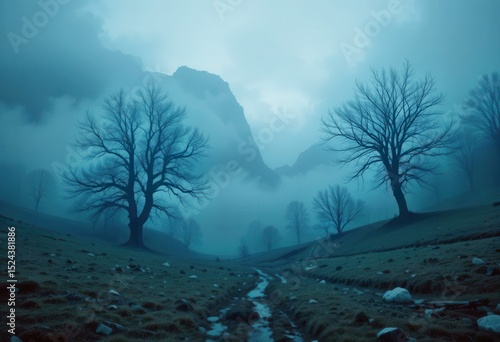 Foggy valley with bare trees and a winding path during early morning light
