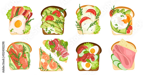 Set of toasts with different healthy ingredients Open sandwich for breakfast or launch with eggs, avocado, salmon, ham, tomato, salad, cucumber. Slices of bread Vector illustration flat style isolated