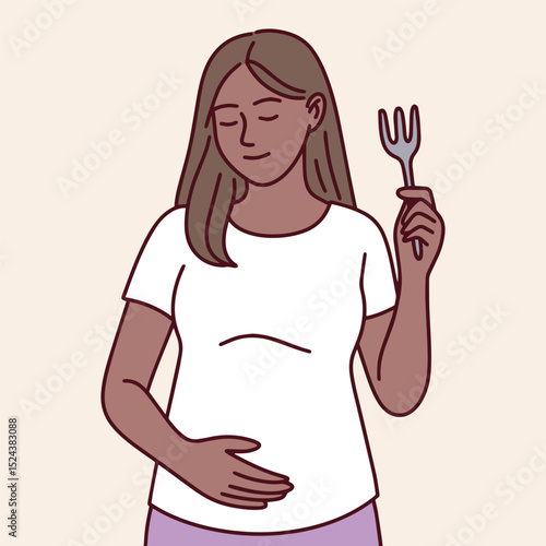 Bkack brown Dark skinned woman. Pregnant black woman holds her stomach with discomfort while holding fork, showing nausea or early pregnancy symptoms