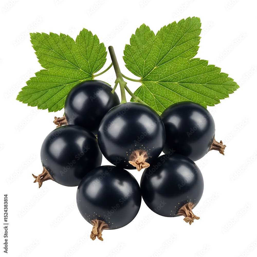 Close up studio shot of fresh ripe blackcurrant berries and green leaves Close up studio shot of fresh ripe blackcurrant berries and green leaves