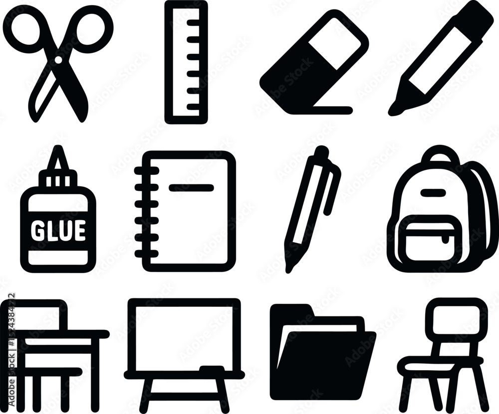 school supply icons including scissors, pencil, glue, notebook, backpack, ruler, eraser and desk in bold black outline for education visuals. school supply icons including scissors, pencil, glue, notebook, backpack, ruler, eraser and desk in bold black outline for education visuals.