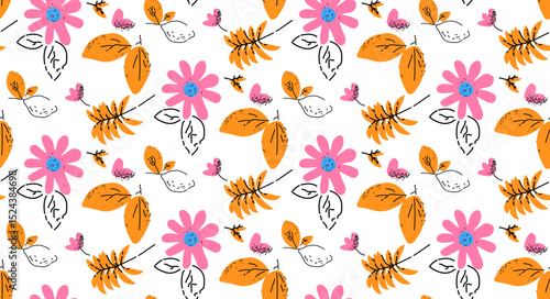 Seamless vector pattern with lemons, flowers and leaves on a white background. Abstract texture. Ideal for wallpapers, web page backgrounds, surface textures, textile design.