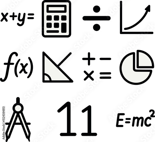 math and education icon set including calculator, equations, graphs, compass, and pie chart in simple black outline style for school and academic use.