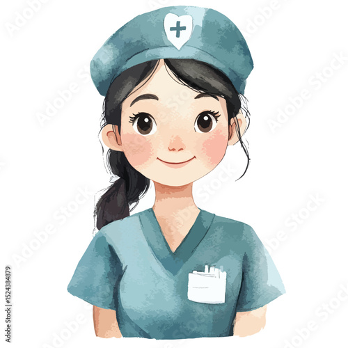 Watercolor Portrait of a Friendly Young Nurse in Uniform