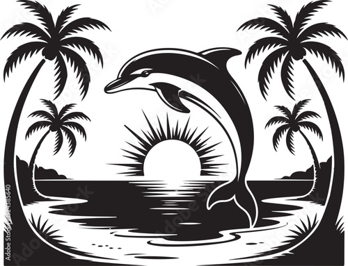 Tropical Beach Scene with Jumping Dolphin Silhouette | Vector Silhouette of Dolphin Leaping Near Tropical Island with Palm Trees
