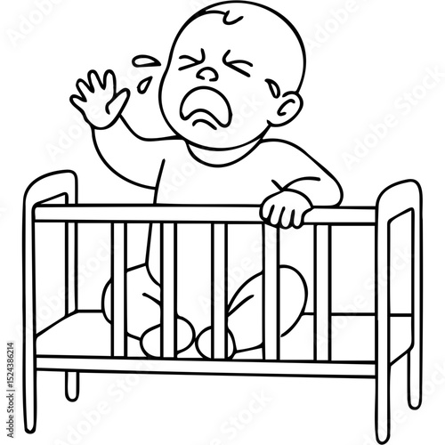 Crying baby waving from crib in simple line art style  