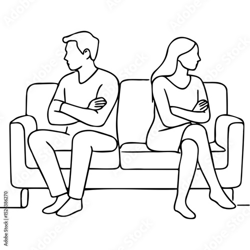 Couple sitting apart on sofa with arms crossed in black and white  