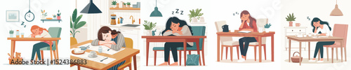 vector character woman falling asleep at the dining table