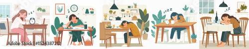 vector character woman falling asleep at the dining table