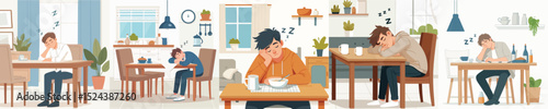 male character vector falling asleep at the dining table
