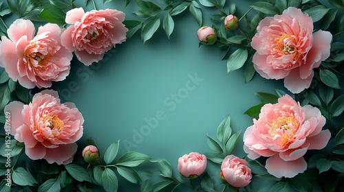 Beautiful arrangement of pink peonies and green leaves forming a floral frame.