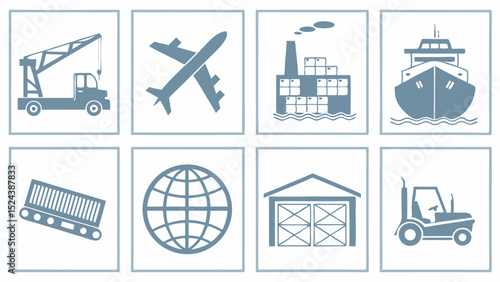 Global Logistics and Transportation Icons  Shipping, Air Freight, and Warehousing