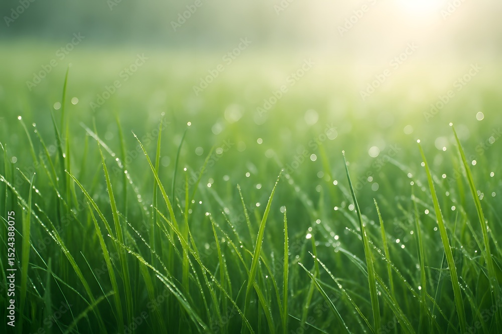 Obraz premium Dew drops on lush green grass in morning sunlight