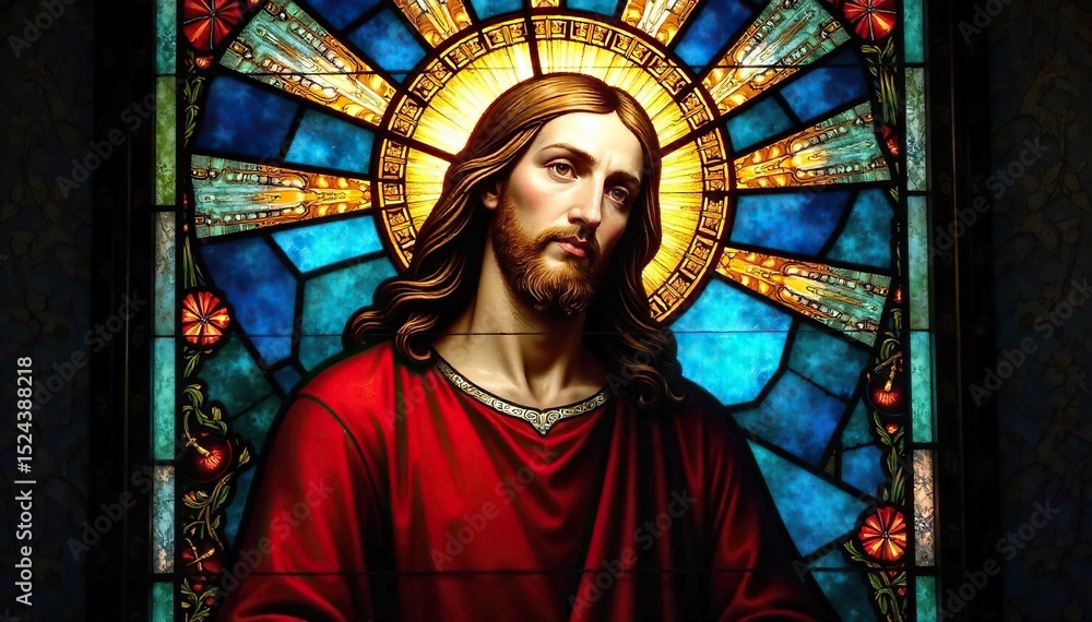 Naklejka premium Vibrant stained glass window depicting a serene Christ, radiating light and symbolic colors Perfect for religious themes, Easter, Christmas, or inspirational projects , light, easter, ascension