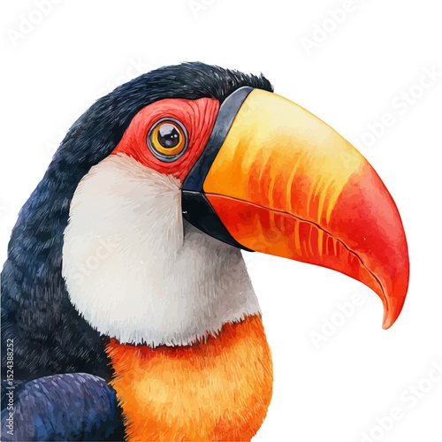 Toucan Close Up, watercolor clipart vector, high quality, isolated on a white background.